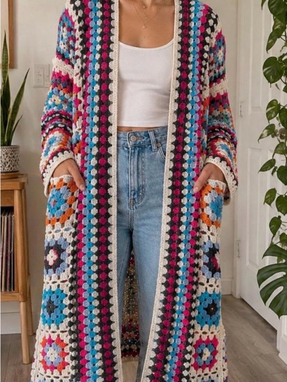 POL Multicolor Crochet Long Open Front Cardigan